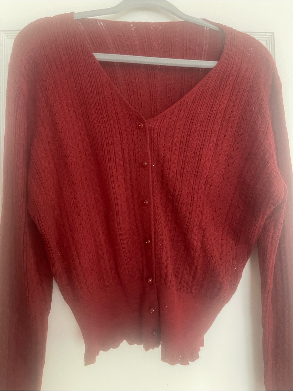 Red Button-Front Women's Cable Knit Sweater Cardigan